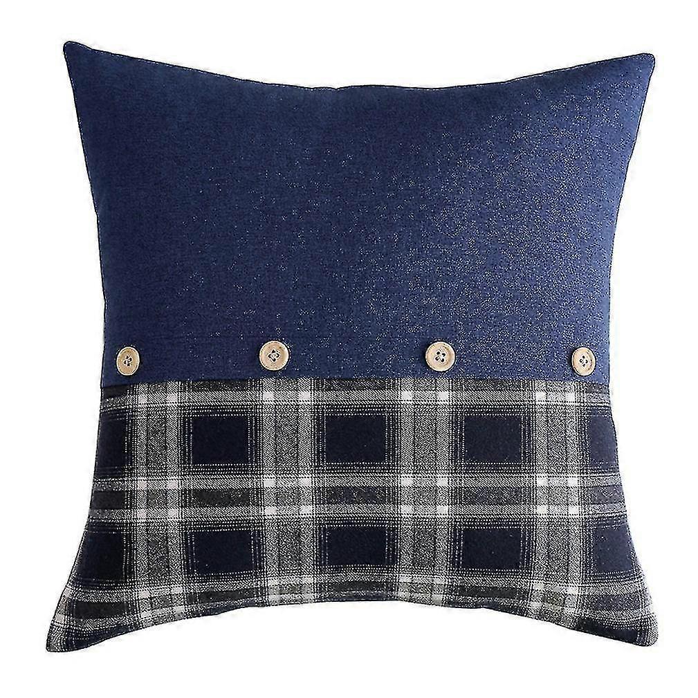 Blue Plaid Throw Pillow Case Button Decorated Cushion Cover 45x45cm