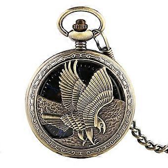 Vintage Bronze Hollow Eagle Hand Wind Mechanical Pocket Watch Chain Black Dial Blue Roman Numerals Men Watches Clock Gifts