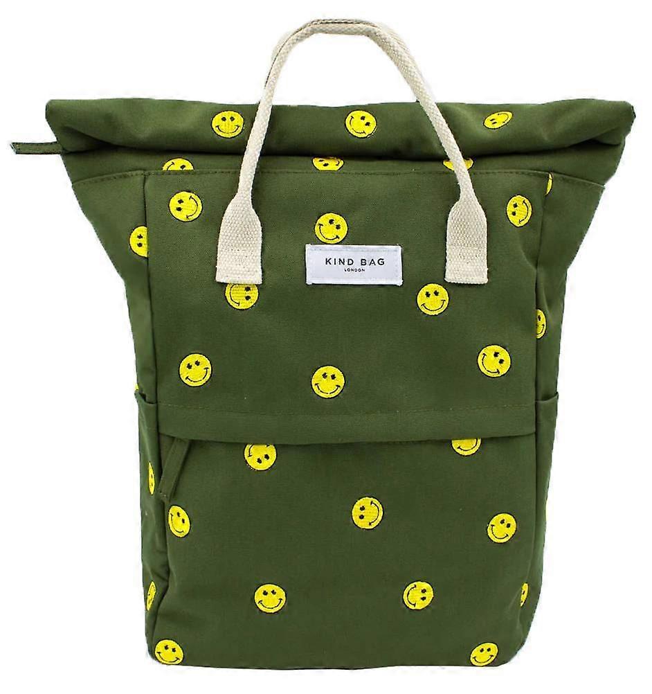 Kind Bag London Hackney Embroidered Medium Backpack - Khaki Green Smile