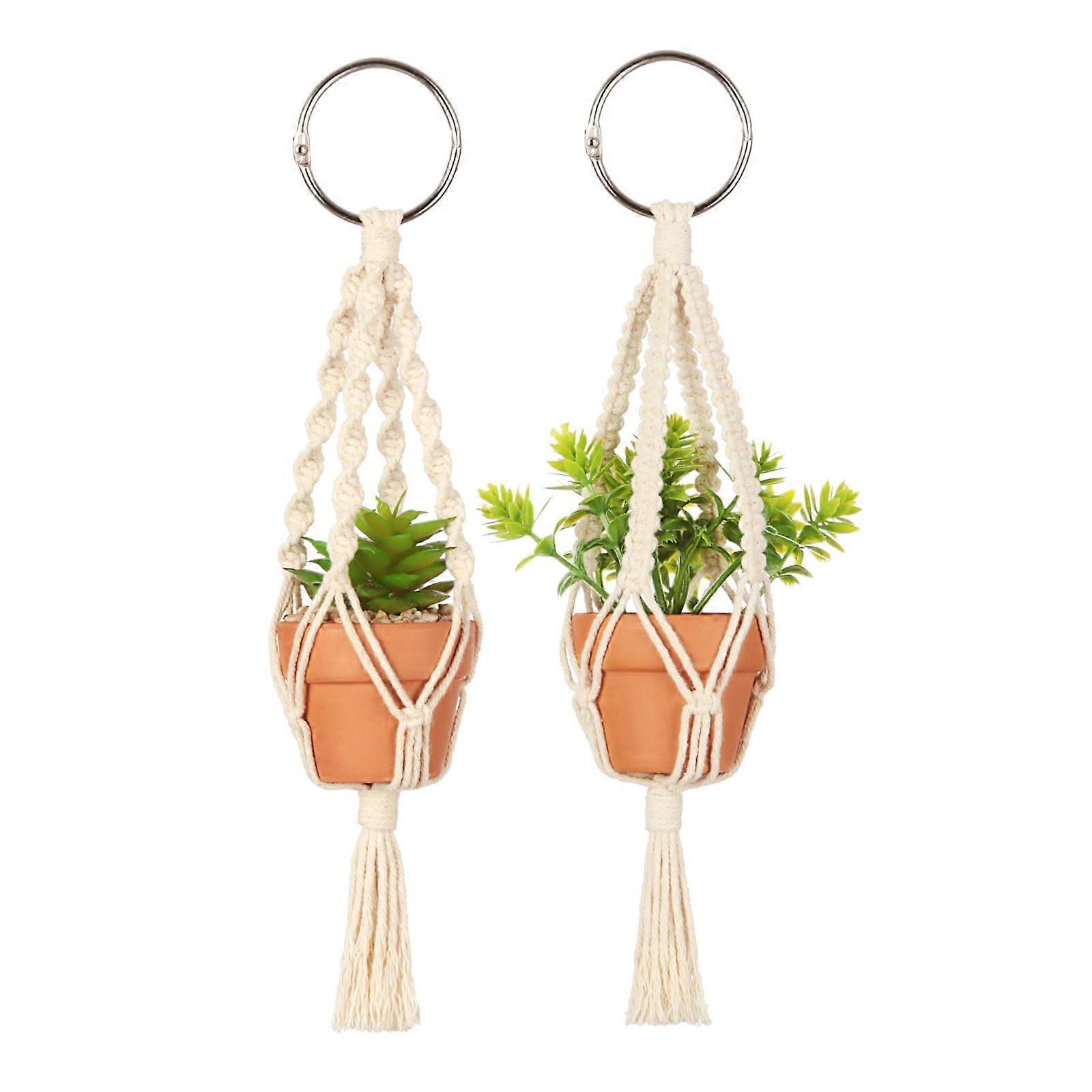 Mini Macrame Plant Car Accessories Rear View Mirror Charm With Artificial Succulent Boho Style Gift Set Of 2