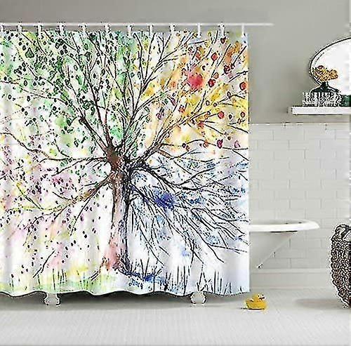 防水デジタル印刷バスカーテンカビ耐性ポリエステルシャワーカーテン12リング(フォーシーズンズツリー、180x200cm)