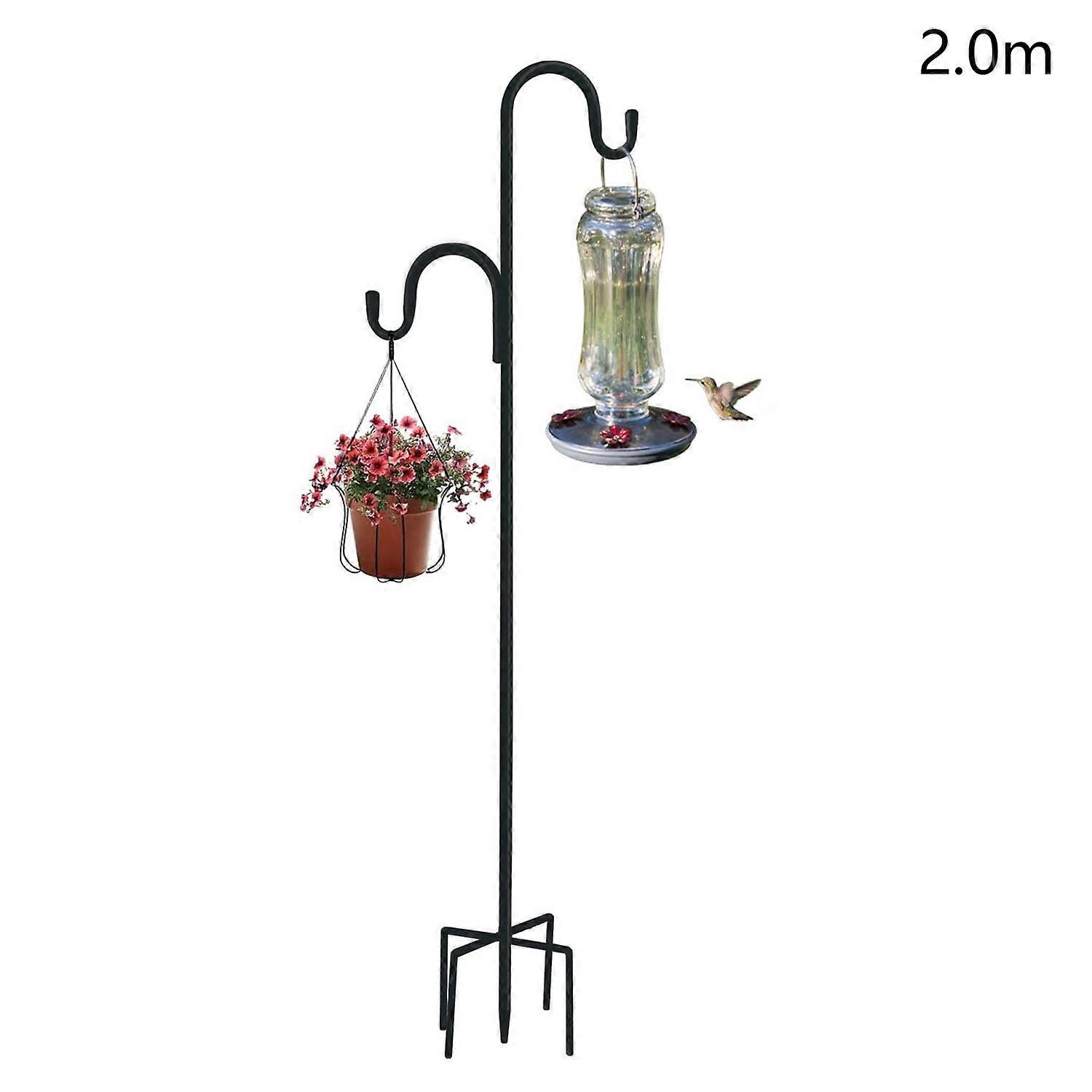 JL301 2m Double Shepherds Hooks Outdoor Bird Feeder Pole with 5 Prongs Base Heavy Duty Garden Hook