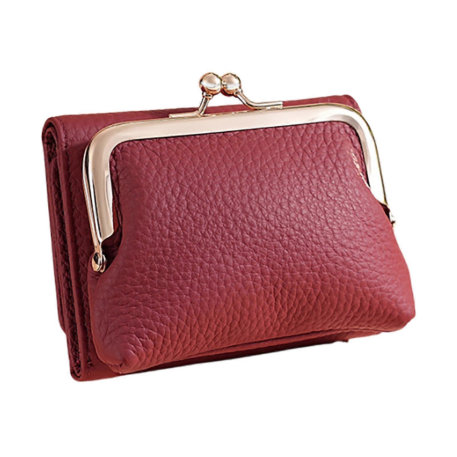 Compact Women's Wallet with Kiss Lock Coin Pocket and Clear Window Short Purse Card Holder for Daily Use Burgundy