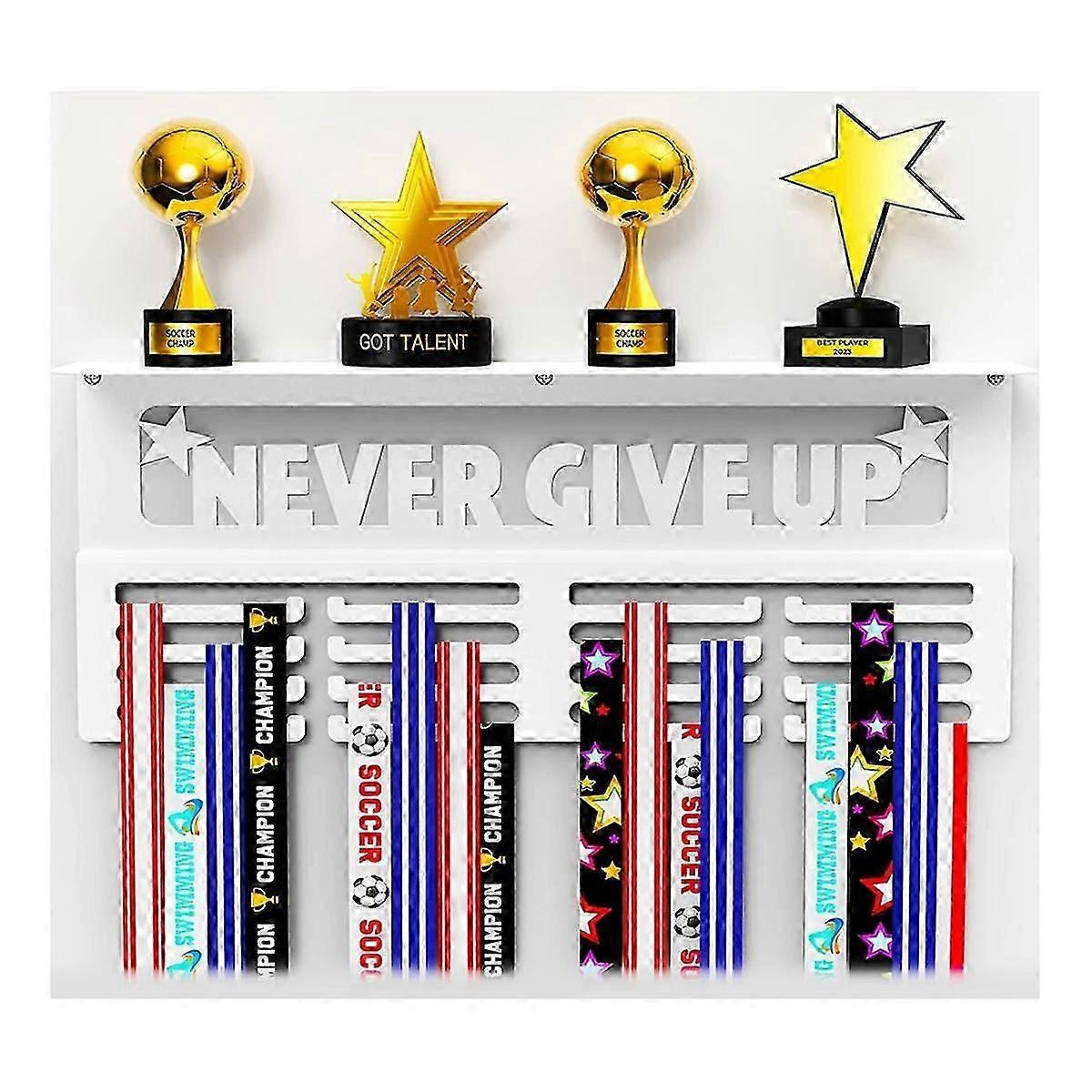 Expositor De Medallas Y Trofeos Con 15 Ganchos – Capacidad Para 90 Medallas, Frase "Never Give Up", Incluye Tornillos