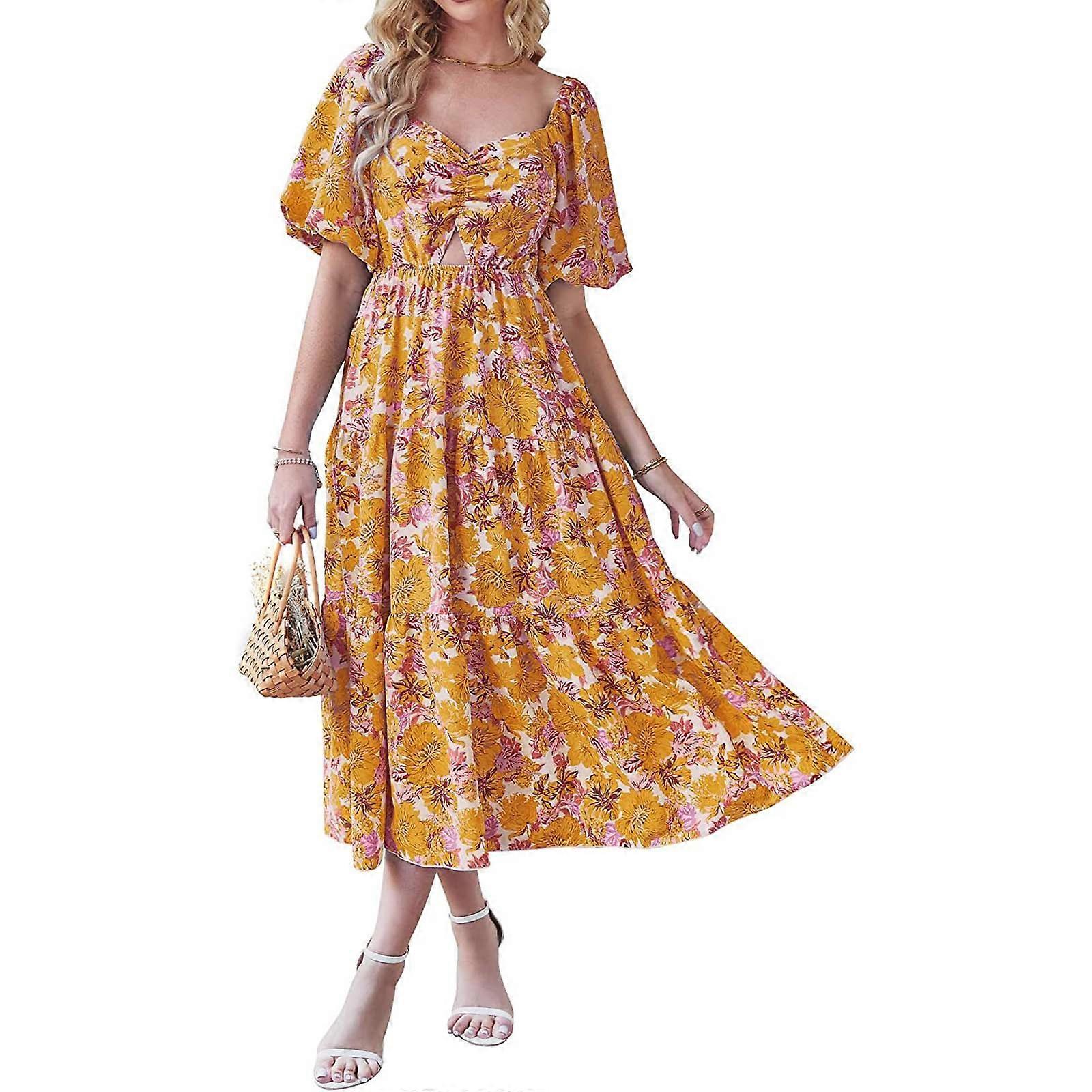 Femmes Floral Robe D’été À Volants Col Carré À Manches Courtes A-Ligne Élégant Foral Midi Robes Pour L’été Jaune XL