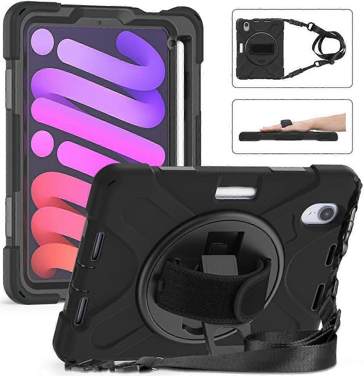 For iPad Mini 7 (A17 Pro) 2024/ Mini 6 8.3'' with Pencil Holder / 360 Rotation Stand / Hand Strap Shoulder Strap Rugged Shockproof Cover for iPad Mini