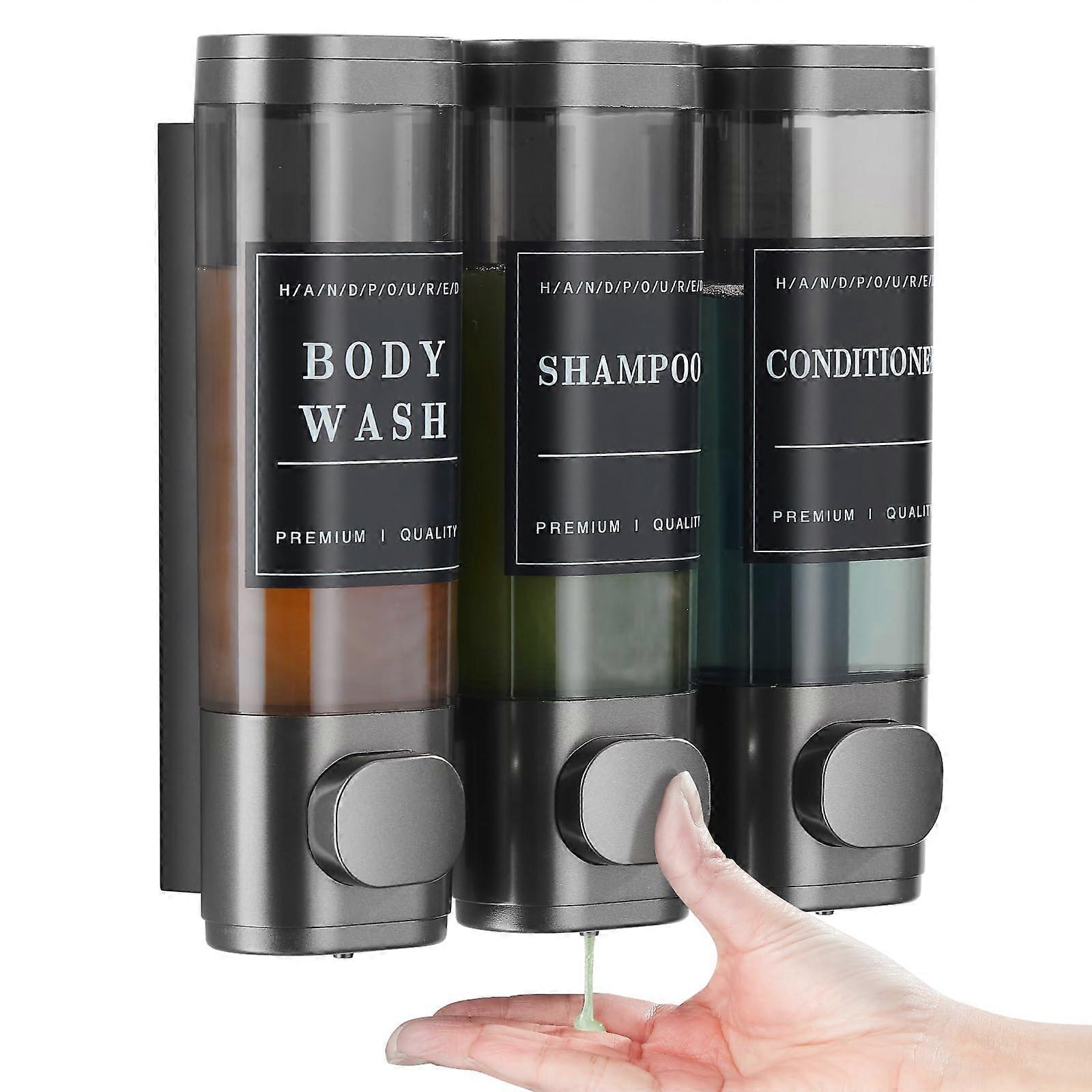 Shampoo and Conditioner Dispenser, Unisense 3 Chamber Wall-Mounted Shower Soap Dispenser, Large Capacity, Dark Gray