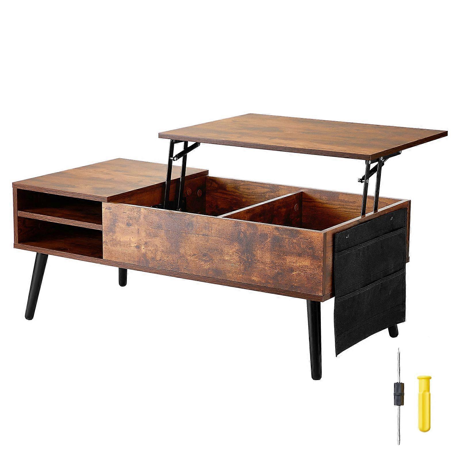 Lift Top Coffee Table, 39.4 in Rectangle Coffee Table with Extra Storage Pockets, Pop Up Coffee Table for Living Room, Brown