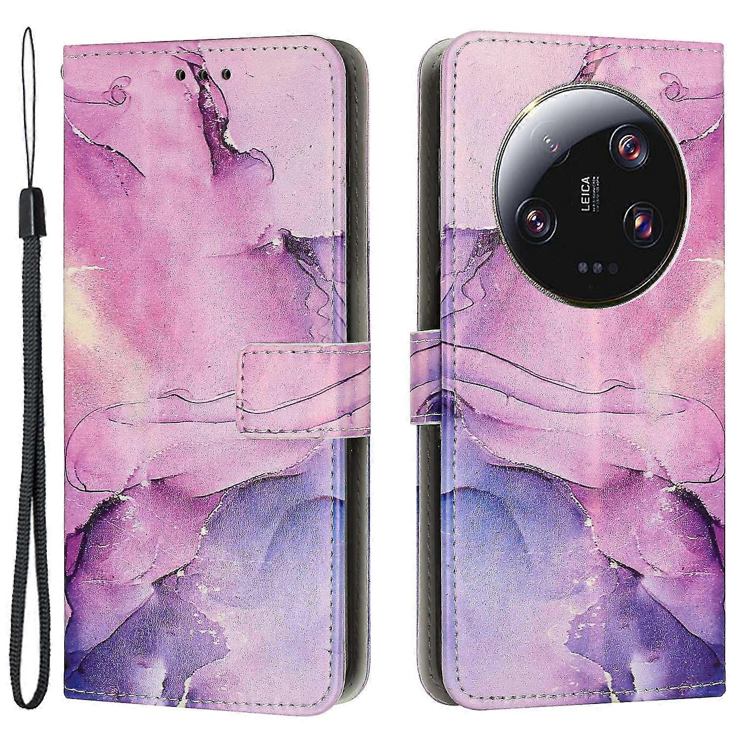 Wallet Stand PU Leather Cover with Wrist Strap for Mobile Phones with Marble Pattern, Compatible with a Certain Brand