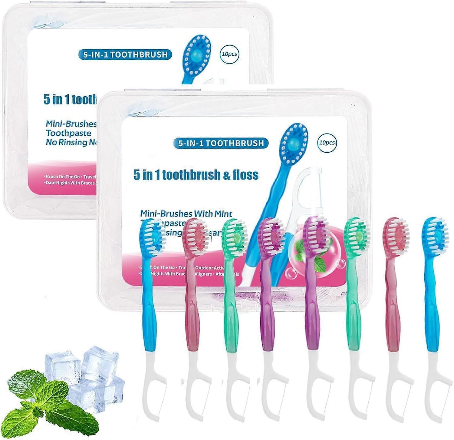 5 In 1 Toothbrush & Floss Portable Mini Travel Set With Floss, Pick & Tongue Scraper 2-Pack Disposable Mini Toothbrushes