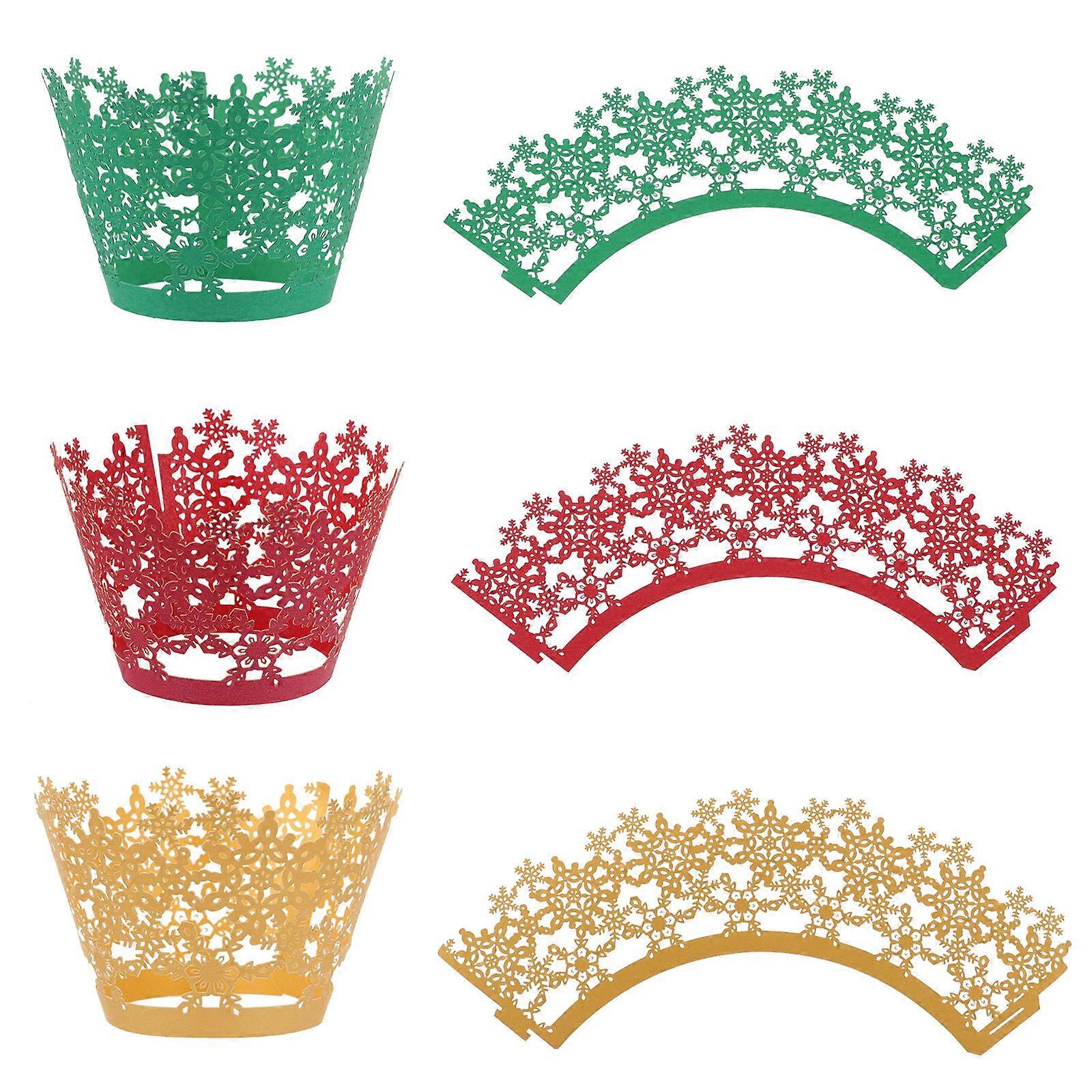 24pcs Hollow Snowflake Cake Wrappers, Red Green Gold Decorative Baking Liners for Christmas Party Cupcakes Muffin Wrapping Paper