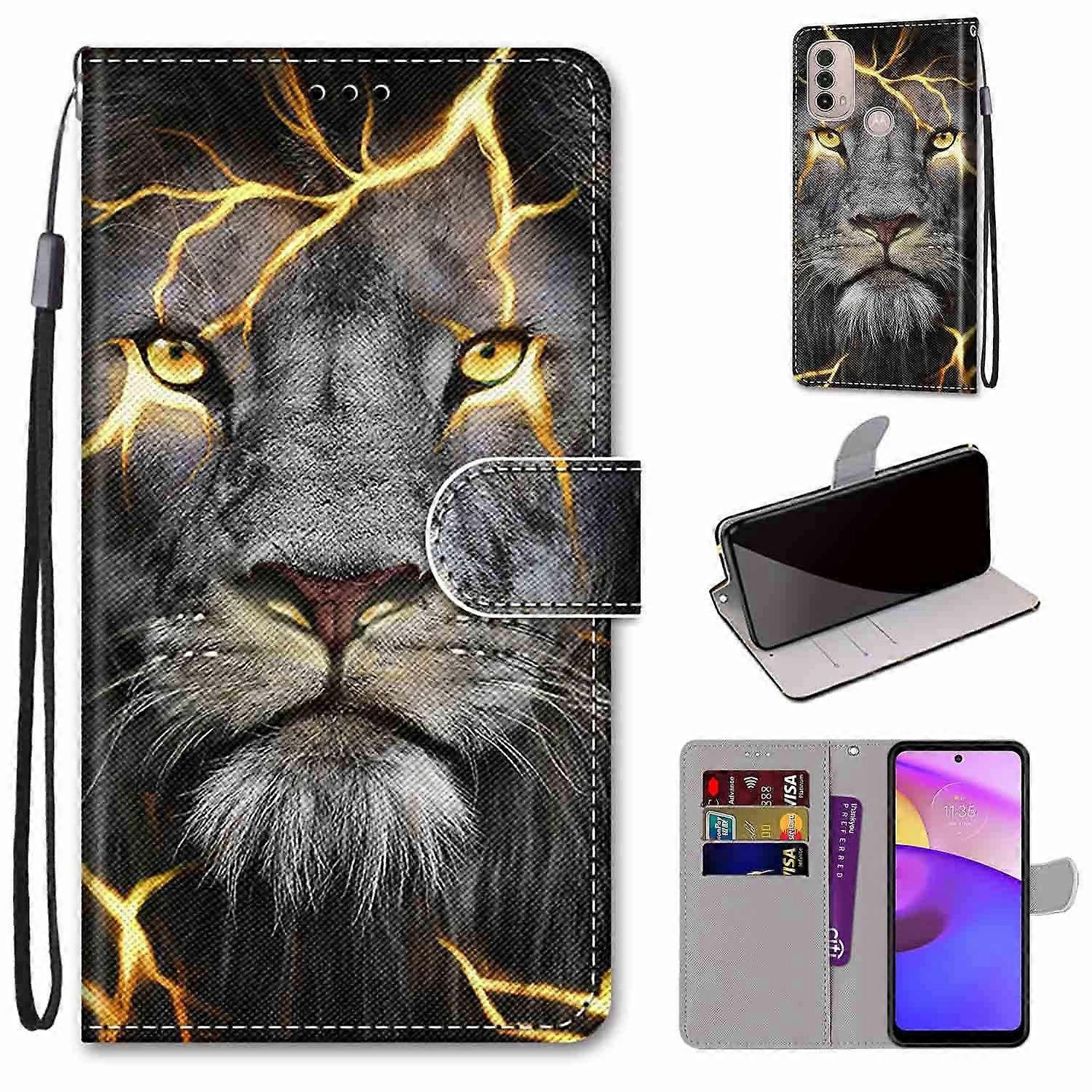 Case for Motorola Moto E20 / E30 / E40, PU Leather Wallet Case, 3 Card Slots, Scratch-Resistant Flip Case, Black Lion