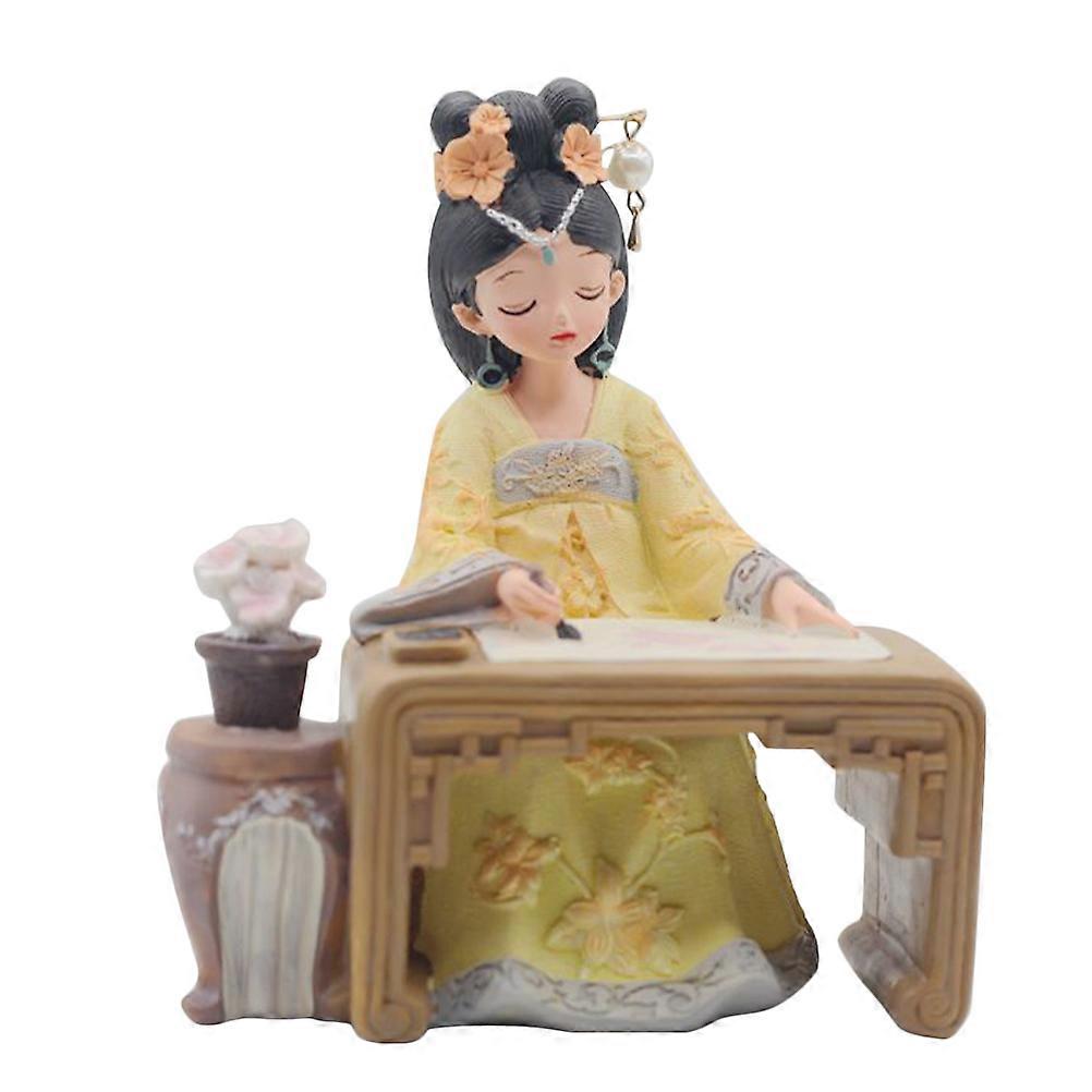 Chinese Style Girl Statue in Retro Design for Home Decor Made of Resin Yellow Color