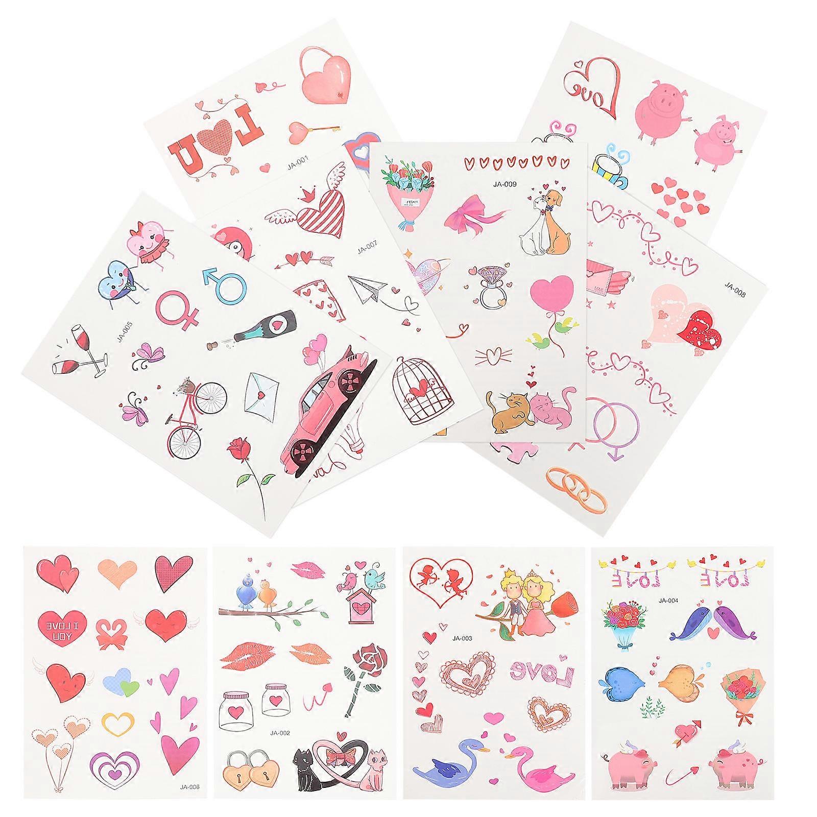 Temporary Tattoo 10 Sheets Heart Shape Fashionable Stickers Assorted Color For Social Media Sharing Fun