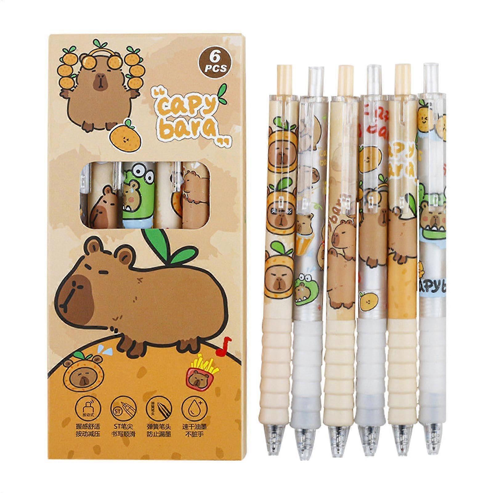 Capybara Pens Set of 6, Portable Retractable Ballpoint Gel Pens for Note-Taking, Capybara-Themed Writing Tools