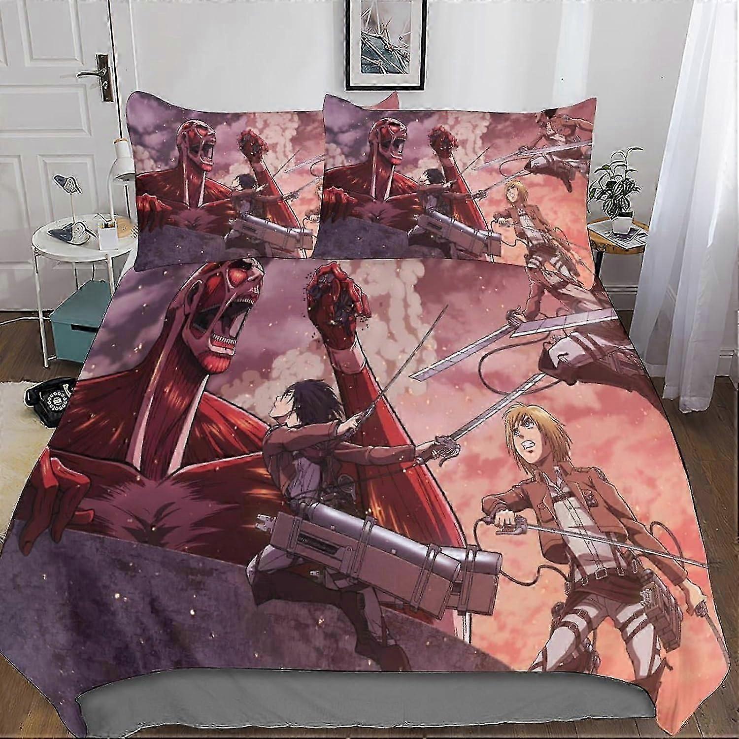 Attack on Titan 3D Print Microfiber Bedding Set, with Duvet Cover and Pillowcases, Suitable for Boys and Girls with Zipper Closure 3 Pcs Cs