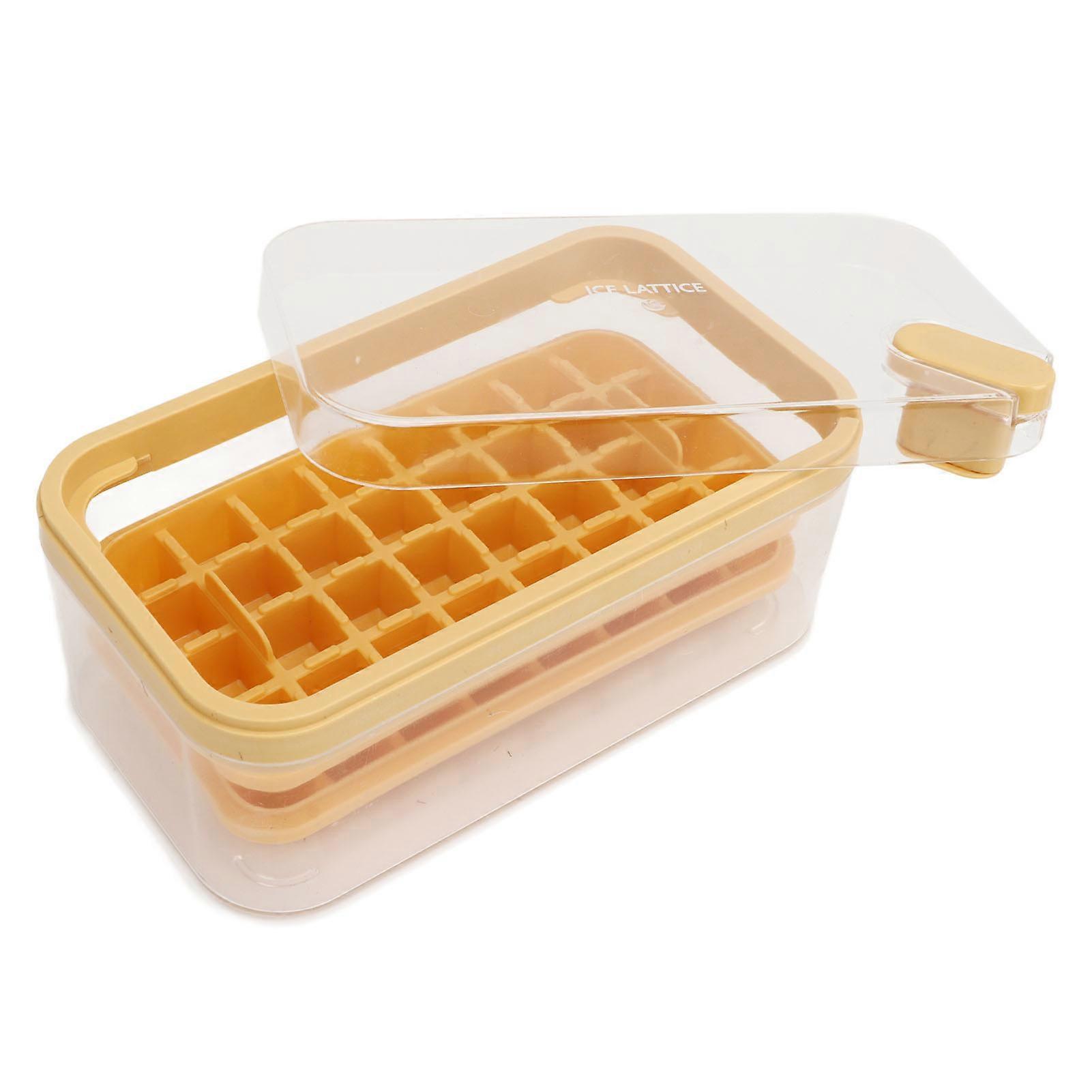 Ice Cube Tray 32 Grid Double Layer Mold with Bin Lid 23.5x13.3cm Yellow