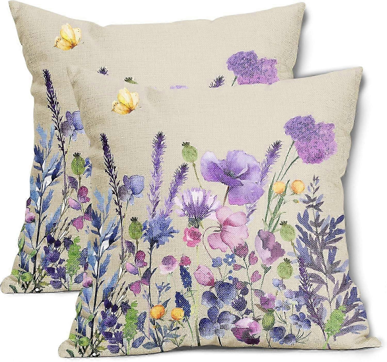 Spring Floral Pillow Cover Set of 2 16x16 Inch Lavender Flower Butterfly Cotton Linen Decorative Throw Pillow Case Spring Outdoor Cushion Cover for Ho