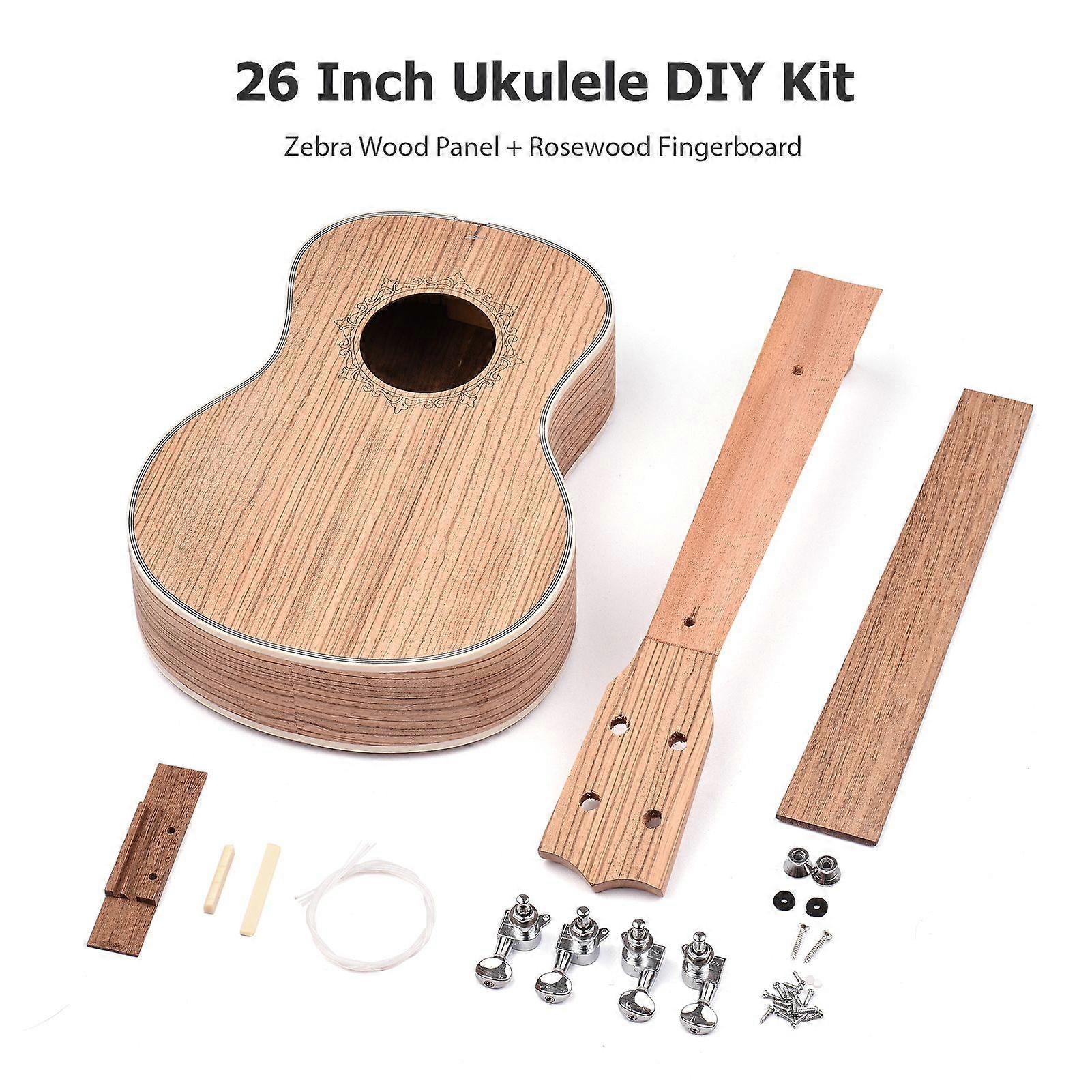 26 Inch Ukulele DIY Kit Tenor Ukelele 4 String Hawaii Guitar DIY Set Zebra Wood Panel Rosewood Fingerboard with Pegs Strings Bridge Nut End Pin Screws