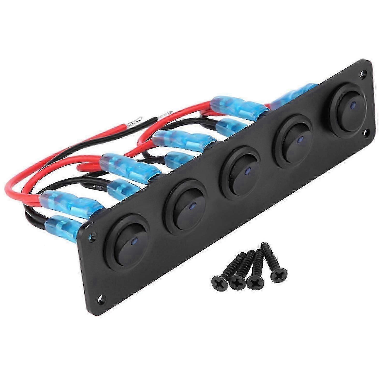12V/24V 5-Gang Round Rocker Switch Panel with Blue LED for Marine and RV Dashboard Control