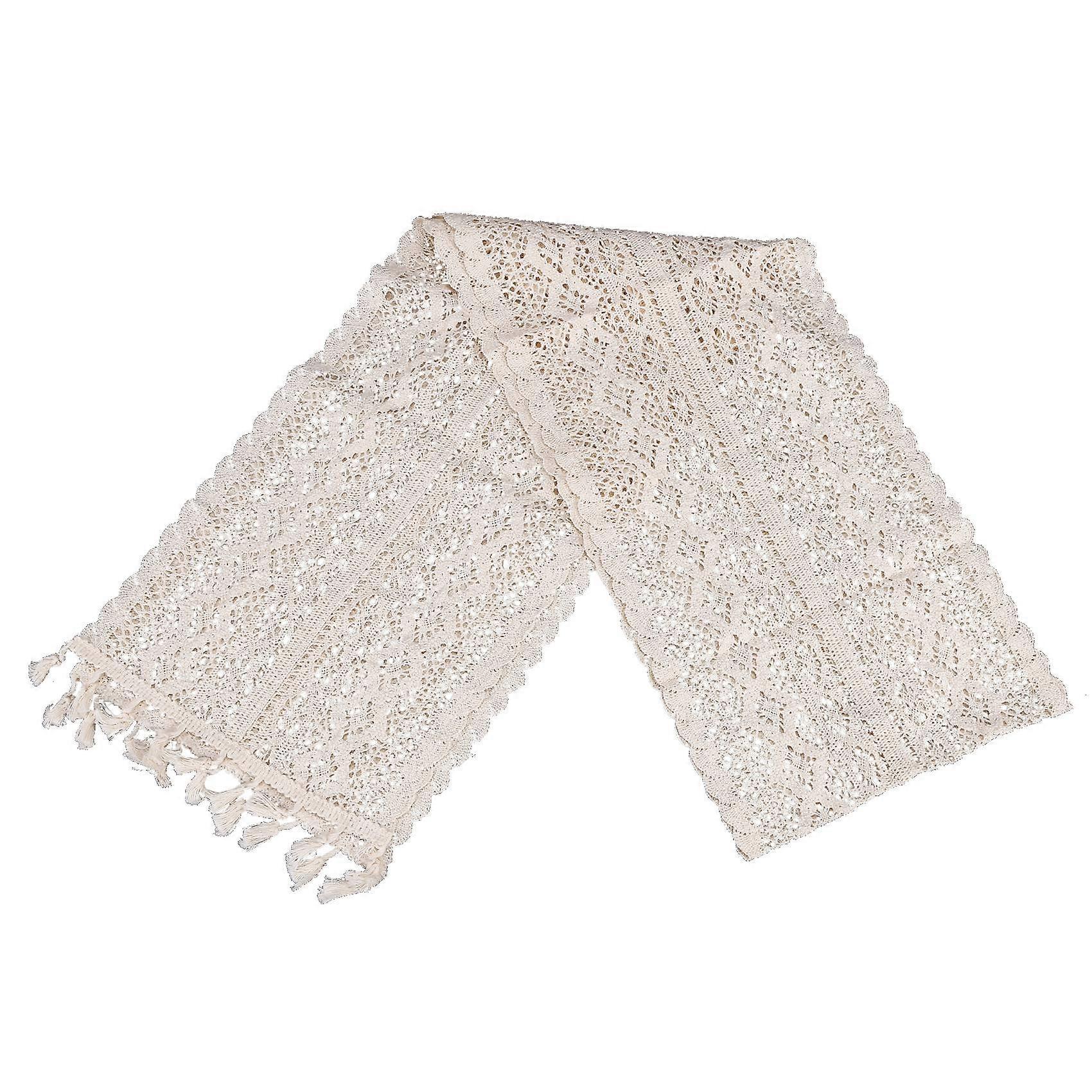 Elegant Cream Crochet Lace Macrame Table Runner with Tassels