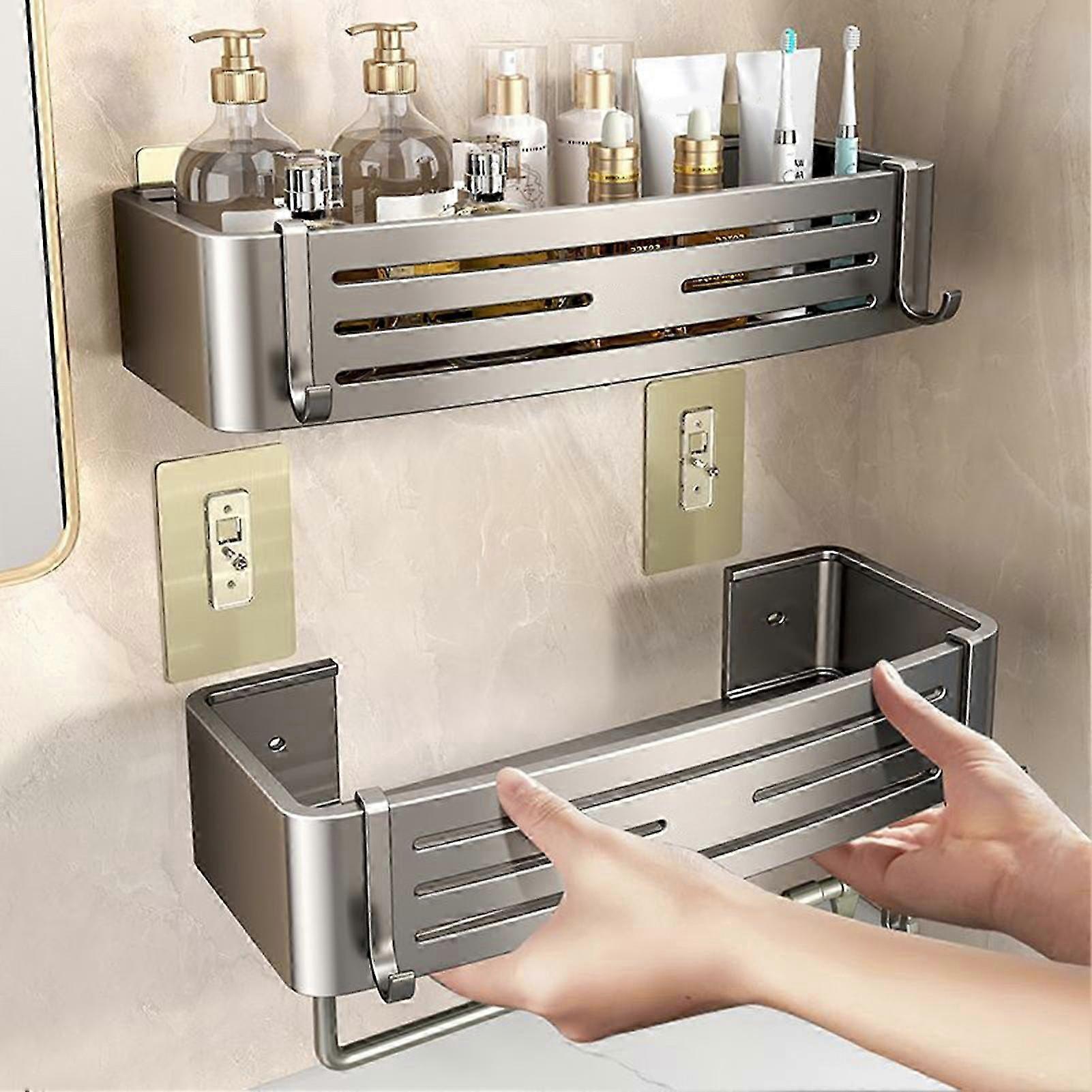 Bathroom Shelf Towel Rack Strong Load-bearing Drainage Hole Design Self Adhesive No Drilling Easy to Install Storage Rack Shower Organizer Jikaix 2025