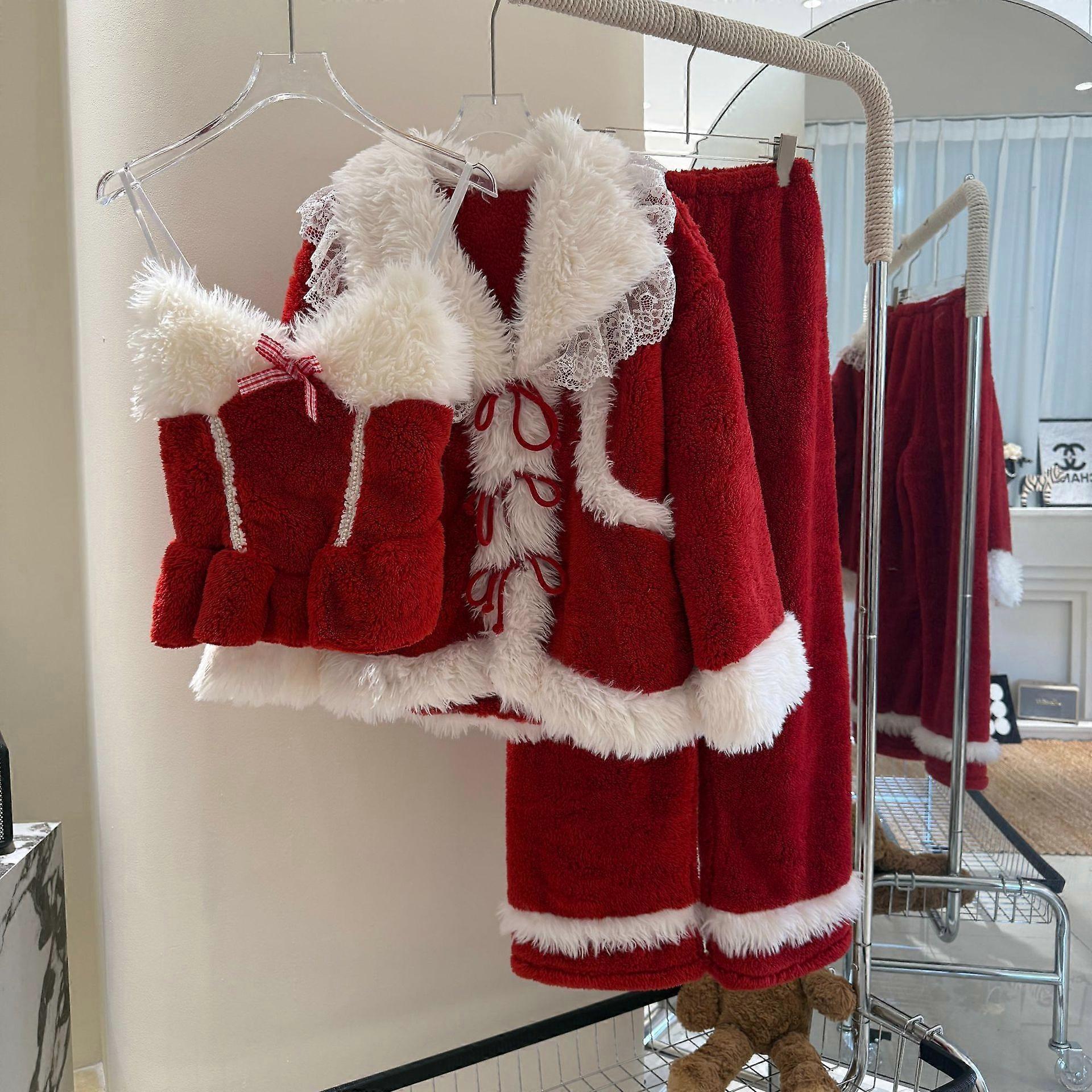 Women's Coral Fleece Pajamas Red Christmas Homewear Set Long Sleeve Pants 3-Piece