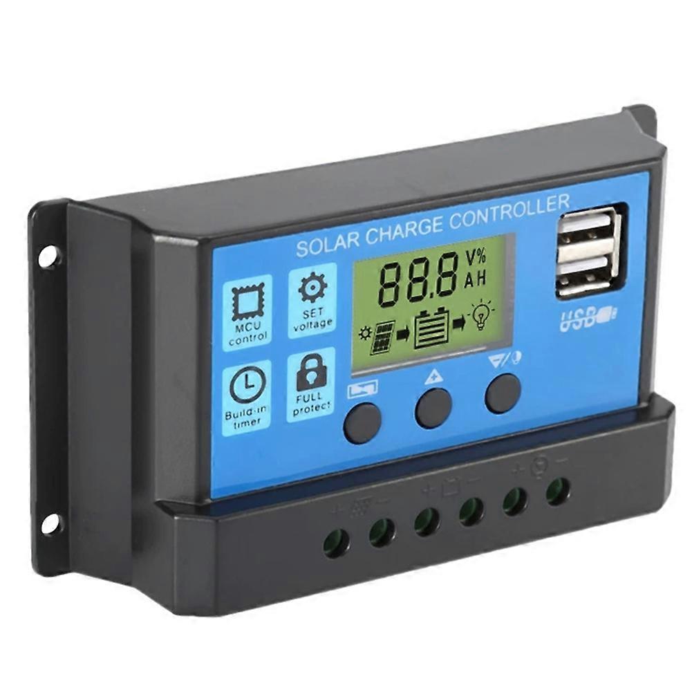 30A Solar Controller with DC Hole 12V/24V LCD Photovoltaic Charging Controller USB Charging Controller