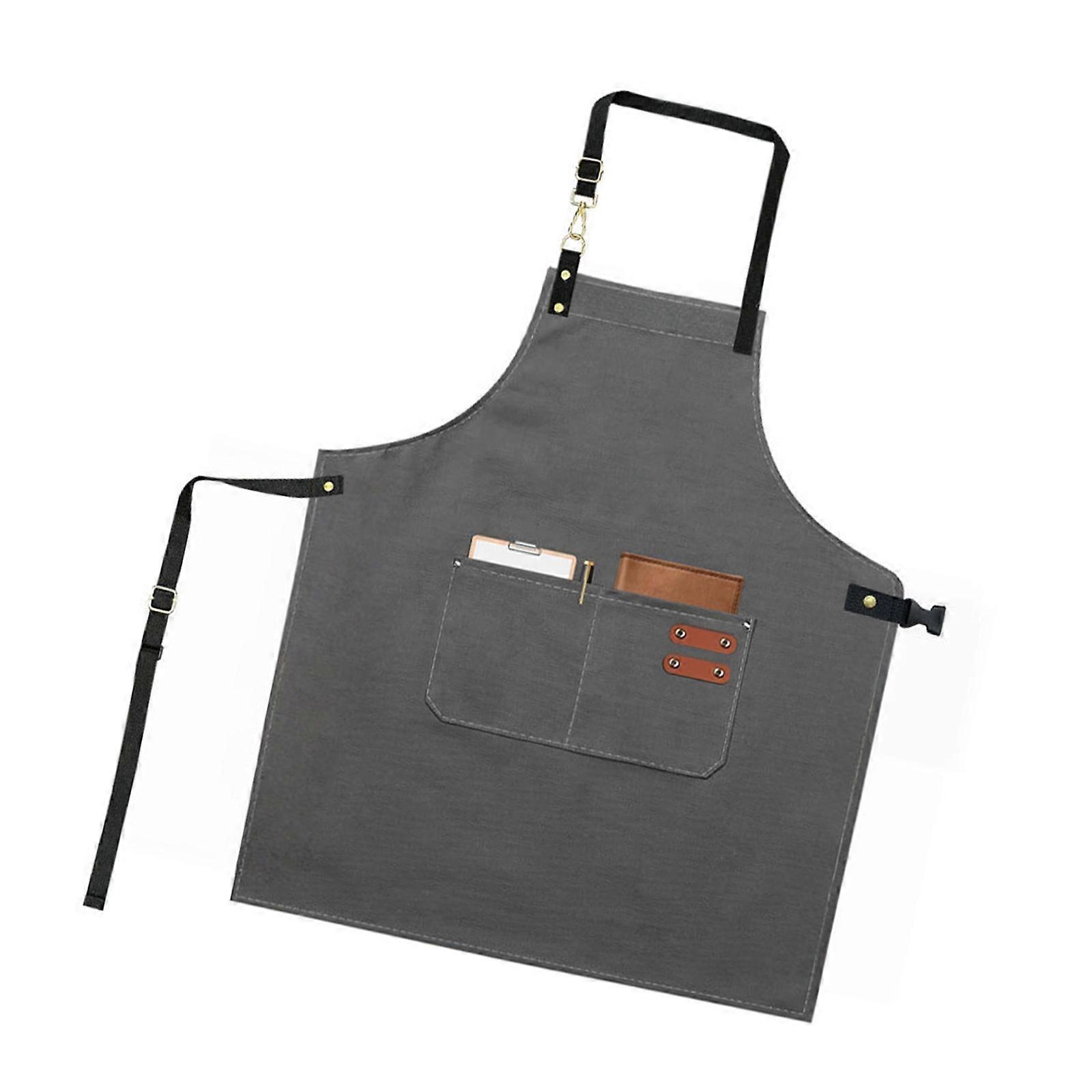 Practical Oil Resistant Work Apron Adjustable Neck And Waist Straps Multiple Utility Pockets Functional Work Apron  Gray