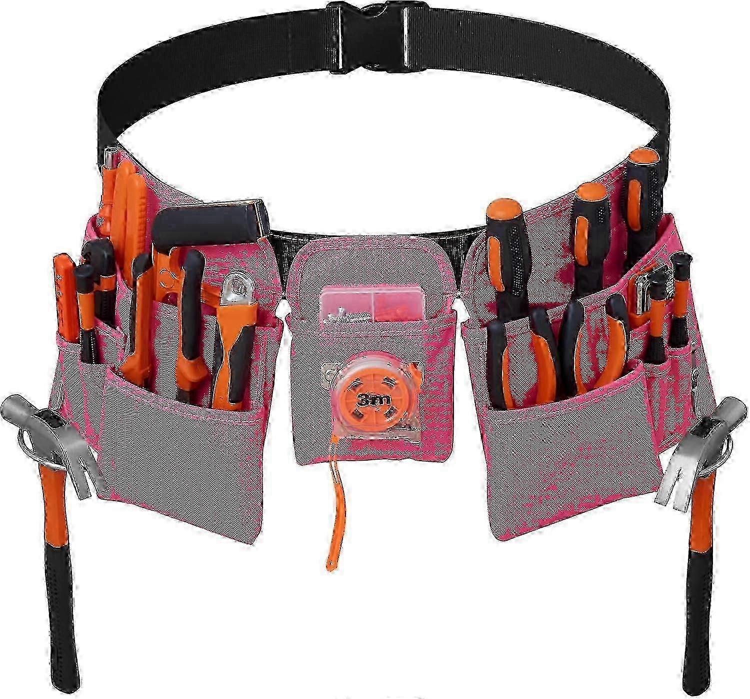19 Pockets Tool Belt, DIY Adjustable Practical Belt, Tool Bag for Men, Pink