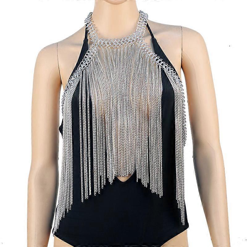 Luxury Silver Full Body Chain Jewelry Carnival Women Body Harness Fringe Necklace Cosplay Wear