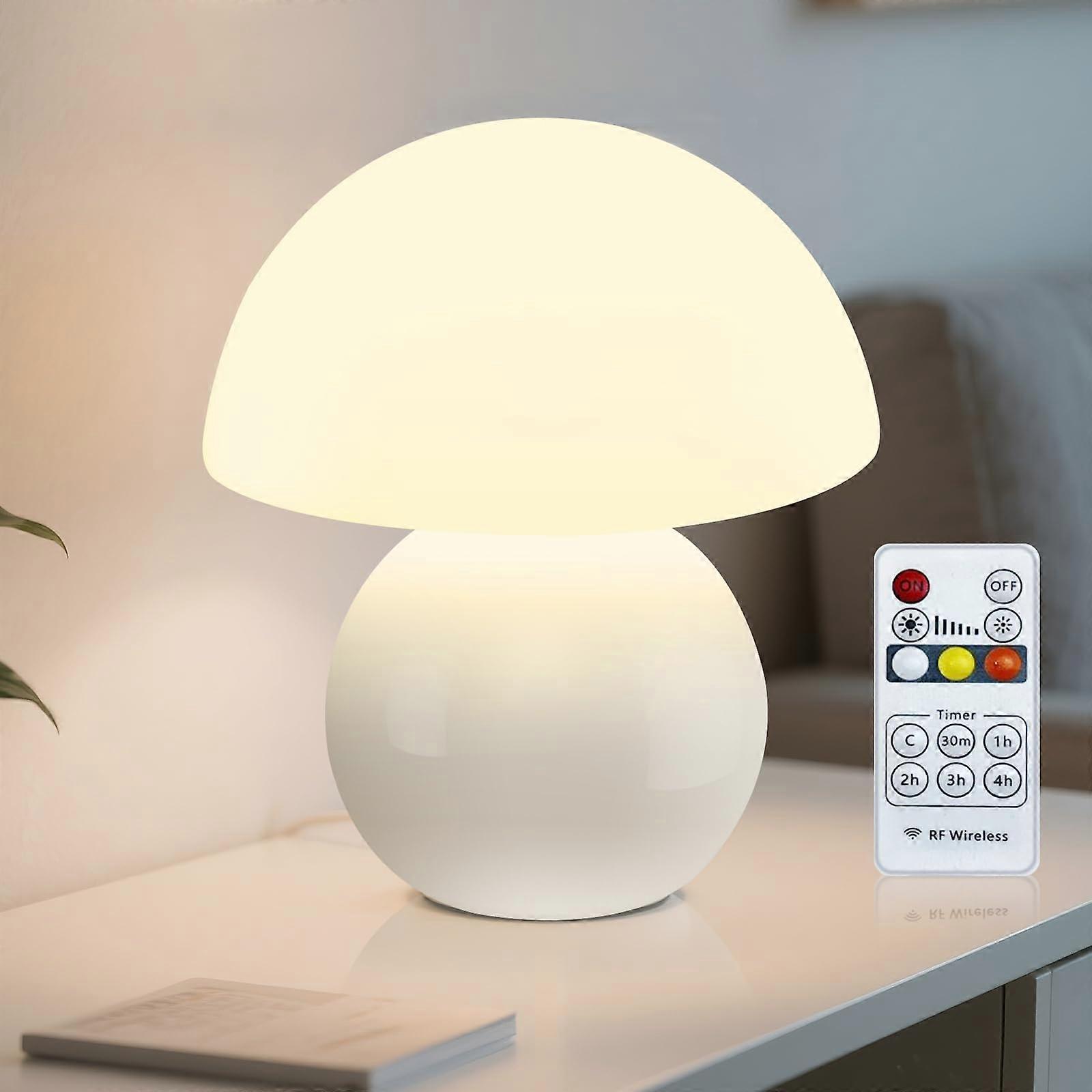 Remote Control Mushroom Lamp with Timer, 3Color Dimmable Bedside Light, Glass Shade, Pearl White