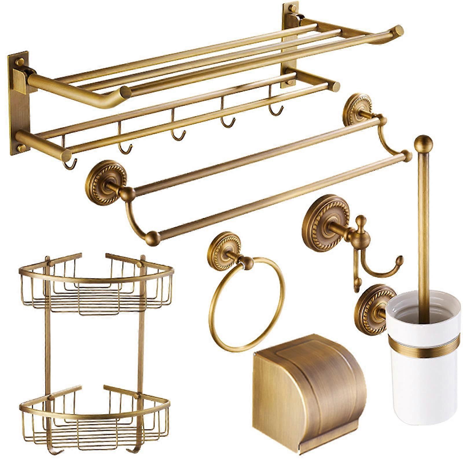 Brushed Brass Bathroom Accessories Set 7 Piece Wall Mounted Double Towel Bars 24 Inch Hardware Kit