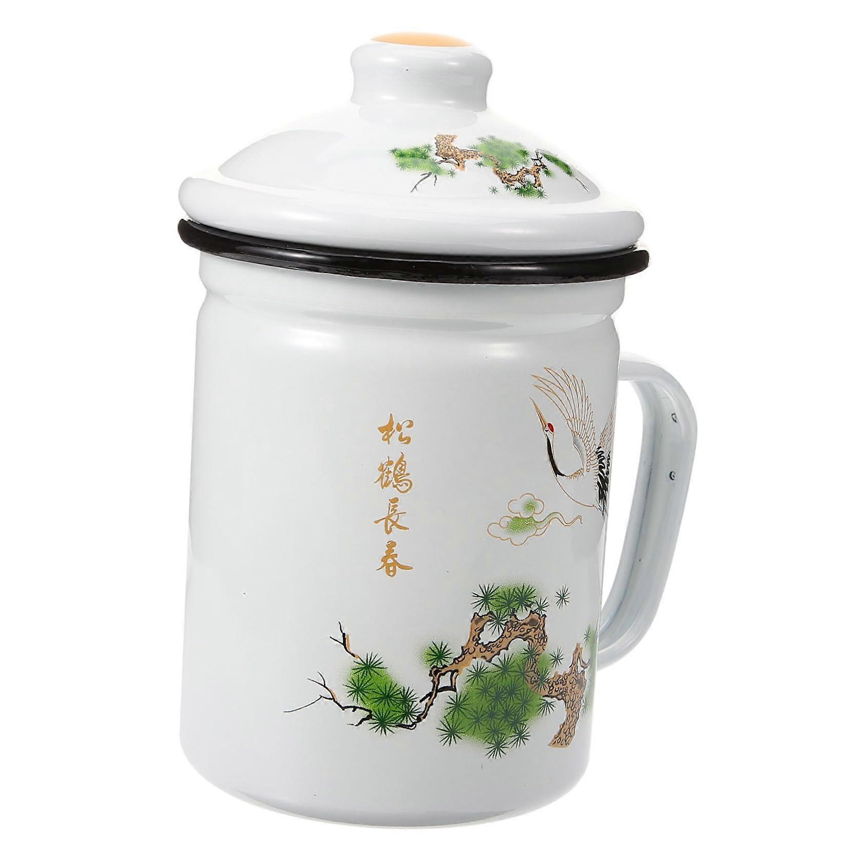 Enamel Tea Mug with BuiltIn Infuser and Lid, Vintage Crane Pattern Cup for Loose Leaf Brewing