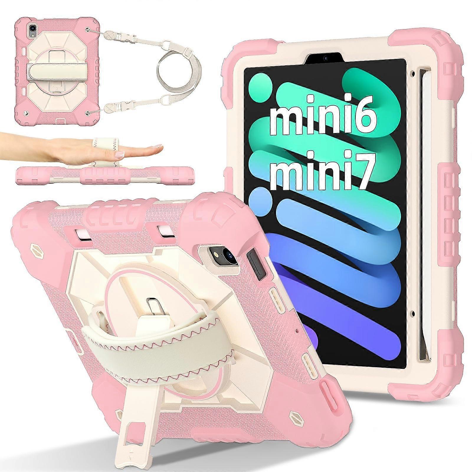 Case for iPad Mini 6 Shockproof 3Layer Protection with Stand Strap Pen Holder Kid Friendly Rose Gold