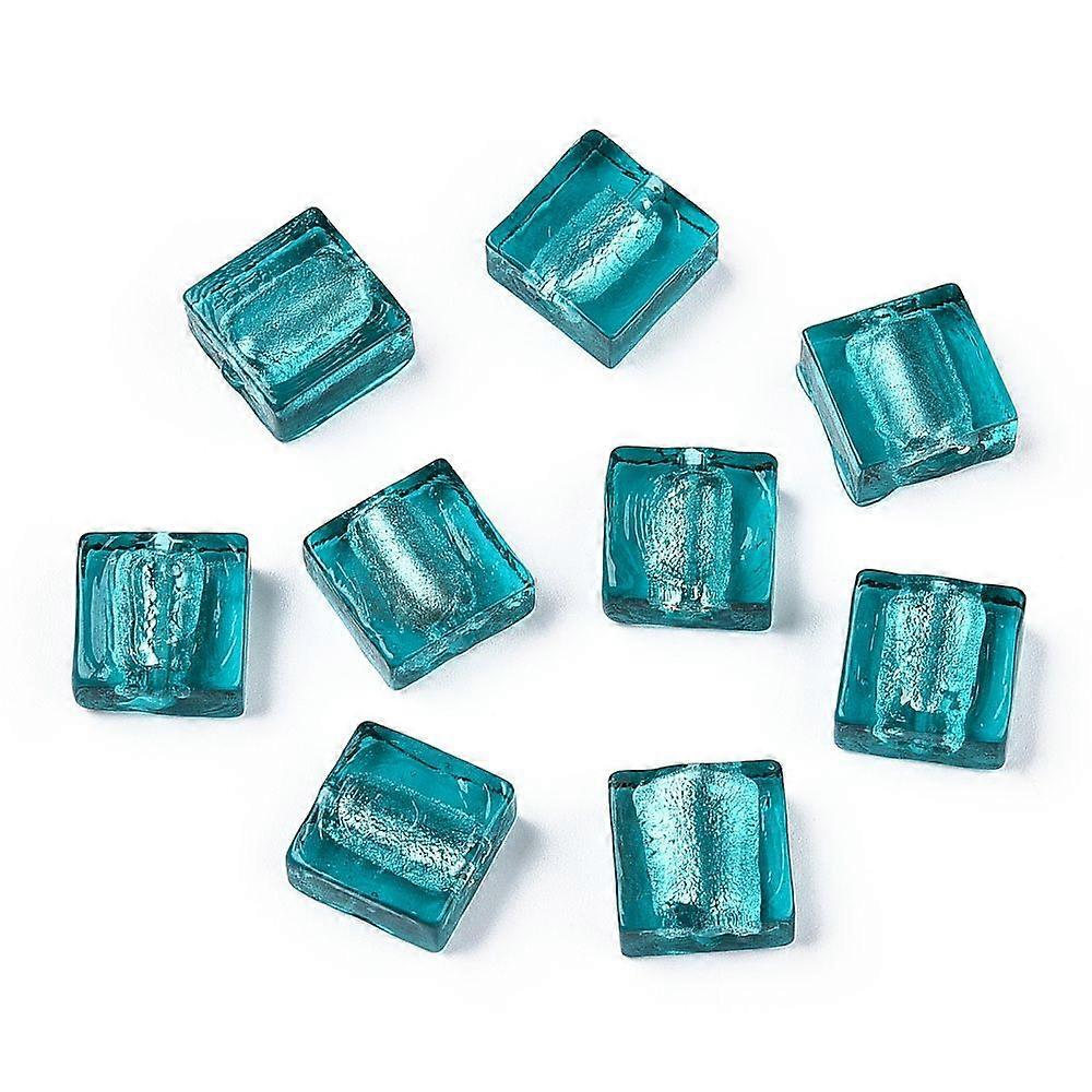 Handmade Silver Foil Lampwork Beads Square Teal 12x12x6mm