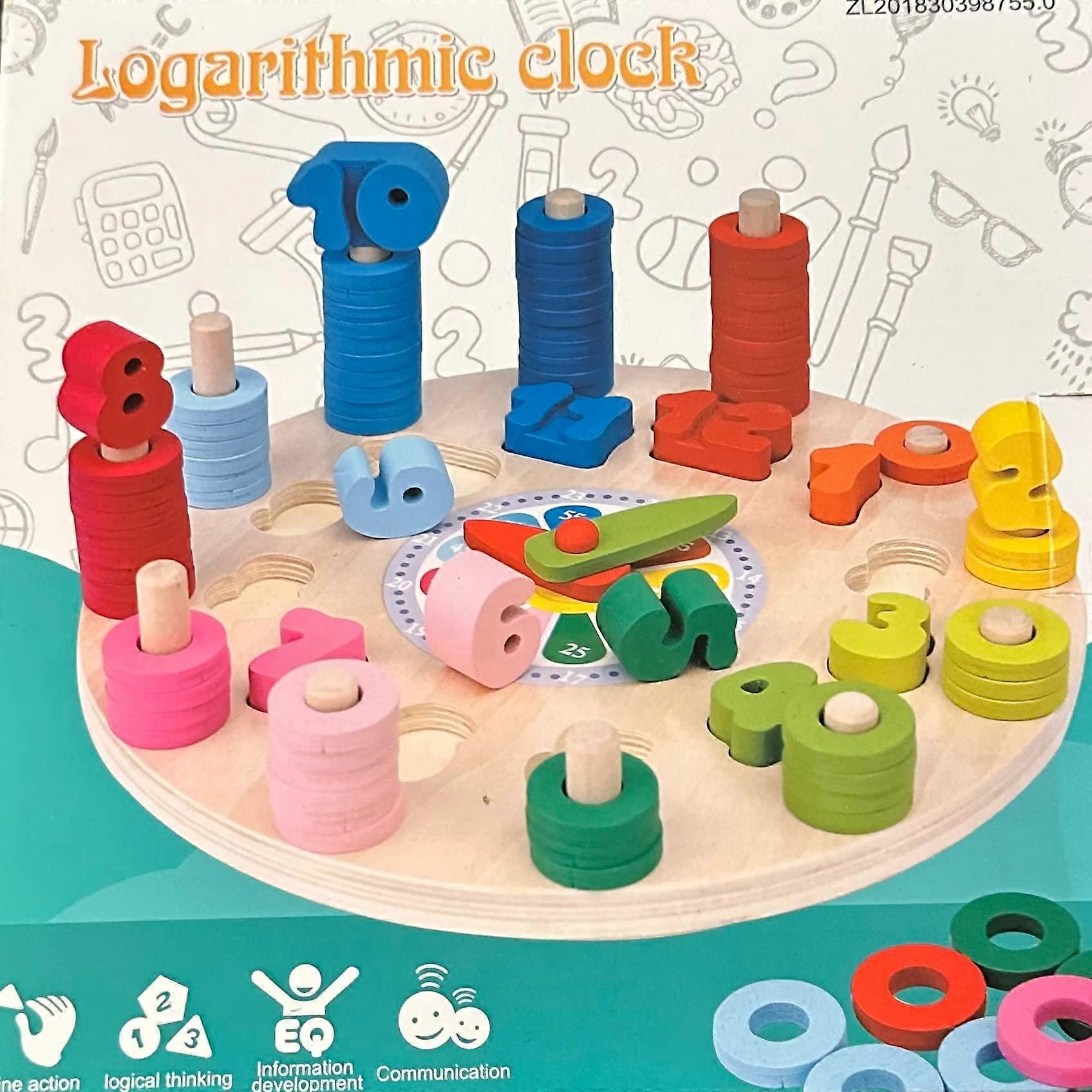 Educational Wooden Clock with Visual Logarithmic Scale for Preschool Math and Time Learning