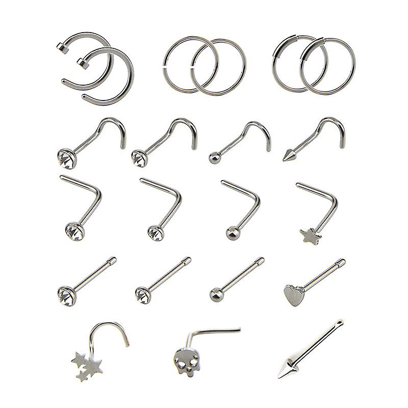 21pcs/set Crystal Nose Hoop Ring Bone Bar Pin Cartilage Piercing Studs Jewelry