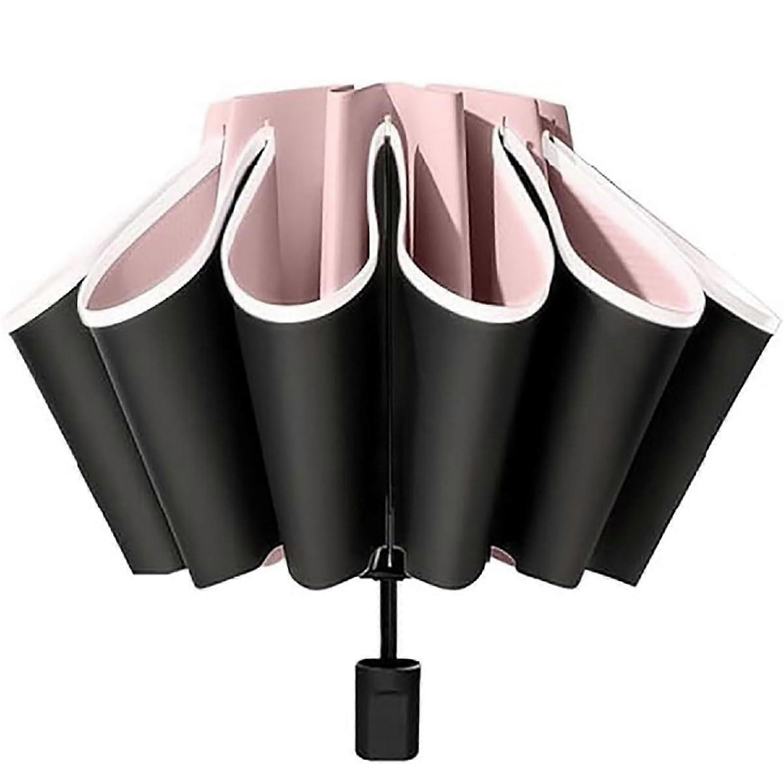 Automatic Windproof Travel Umbrella with Reverse Folding Design and Durable Frame, Compact Pink