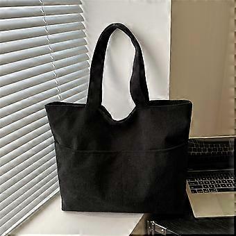 Bolsa tote de veludo cotelê de cor sólida, 45 x 11 x 32 cm, preta – Bolsa de ombro elegante e durável para mulheres, ideal para o dia a dia, compras, trabalho e lazer.