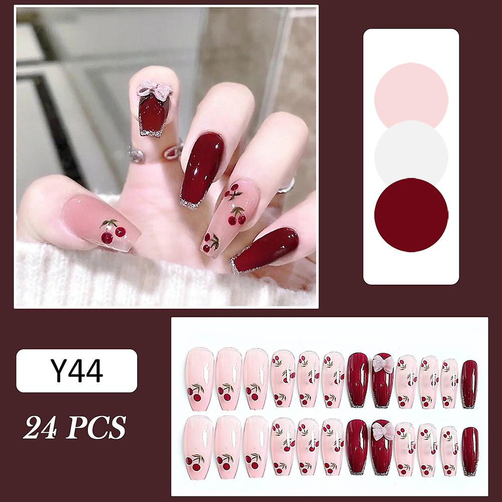 24pcs Glossy Deep Red False Nails Cherry Pattern Fake Nails