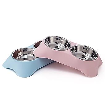 2-delad dubbel hundskål, halkfri dubbelskål i rostfritt stål, spillsäker, lämplig för små hundar och katter (M, blå och rosa)