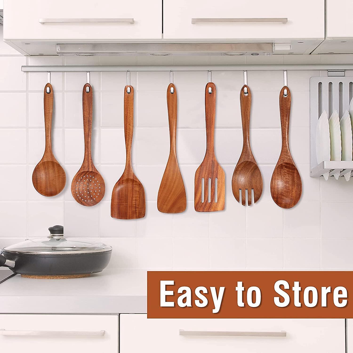 9 PCS Teak Wooden Cooking Utensils Set with Holder - Eco-Friendly Kitchen Tools for Cooking and Serving