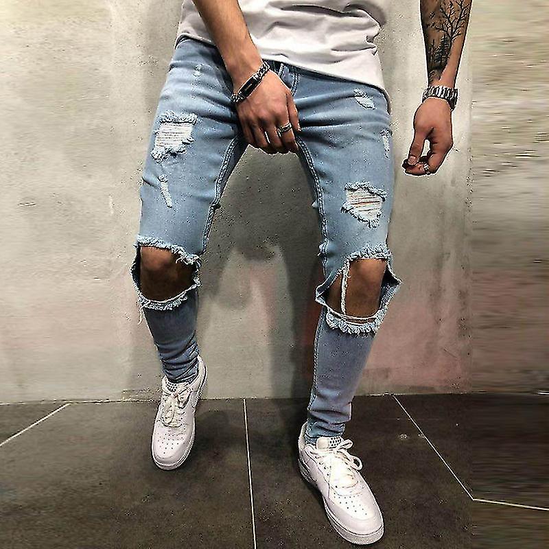 Men Ripped Stretch Skinny Jeans Distressed Frayed Denim Pants Knee Hole  Casual Trousers