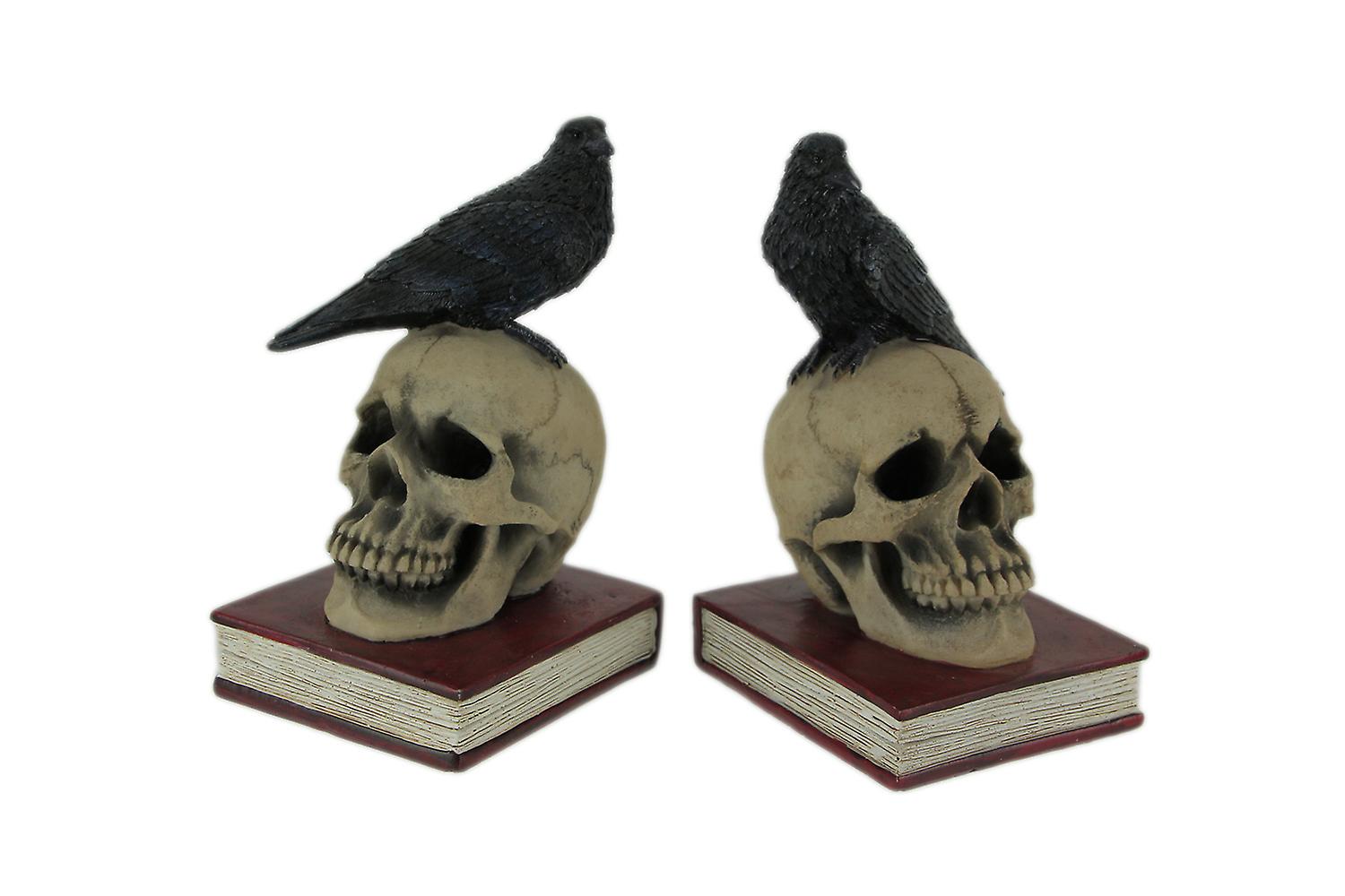 Evil Omen Raven On Skull Perch Decorative Bookend Set