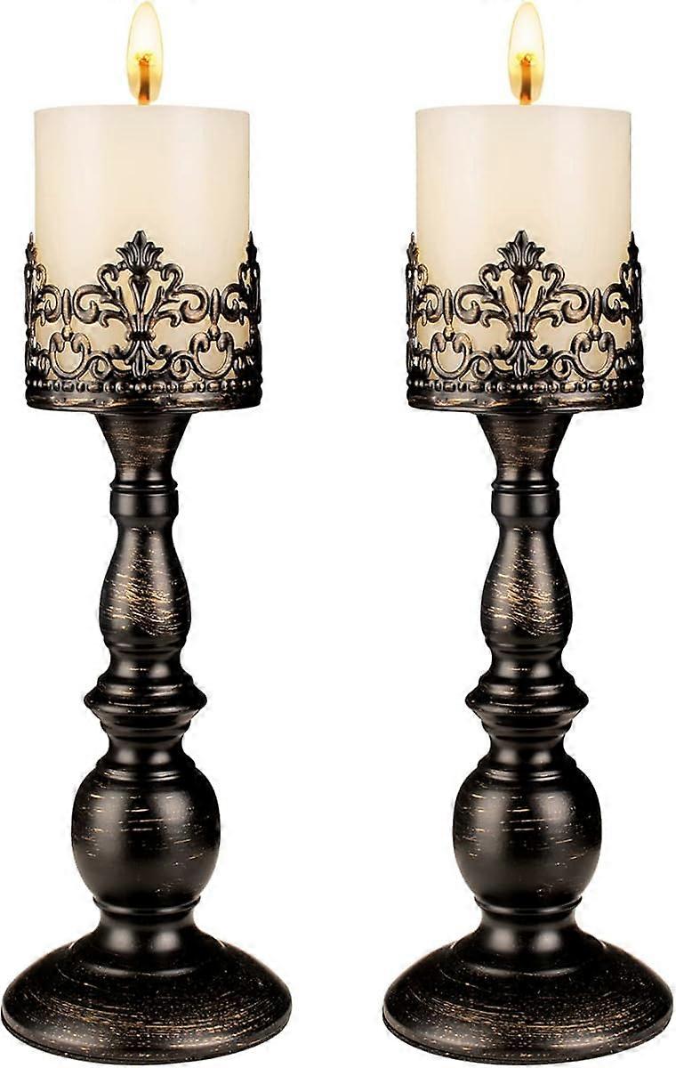 Candle Holders for Pillar Candles Gothic Matte Black Vintage Tall Candle Holders Set of 2 Decorative Large Table Centerpieces Candle Stand Decor (Dist