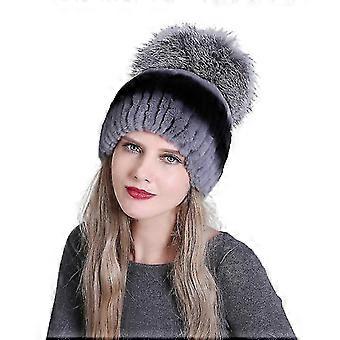 Big Fox Fur Pompoms Women's Rabbit Fur Hat Furry Knit Beanie Hat Warm Winter Hat Ski Skull Cap