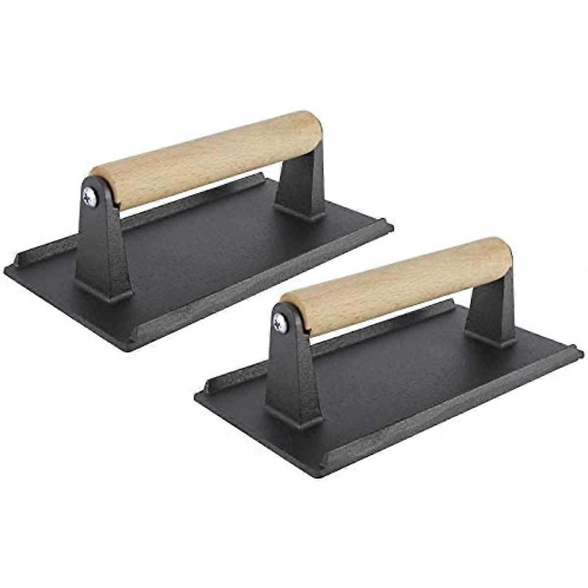 2包铸铁牛排重量压机，带木柄，8 x 4英寸，适用于培根帕尼尼三明治和蔬菜