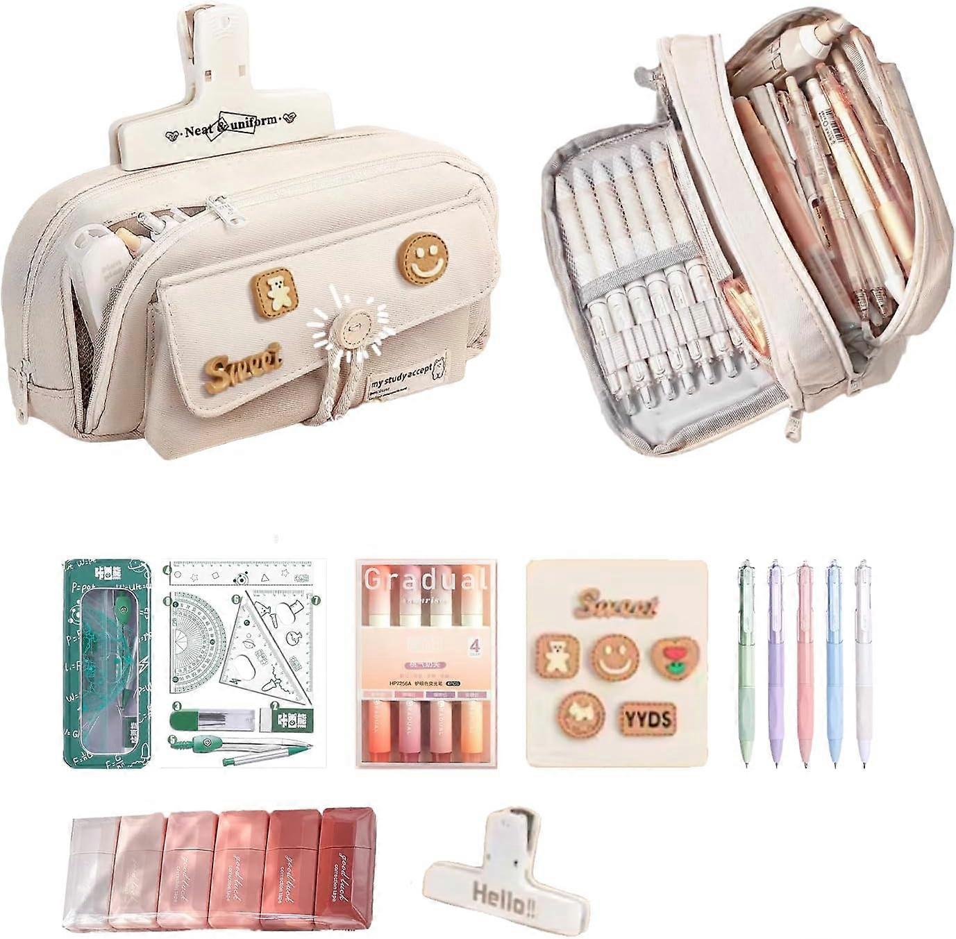 Beige Pencil Case, Large Capacity Study Pouch Bag with Two Compartments, Portable Soft Canvas Easy Carry for Library and Travel Makeup Organizer, Eleg