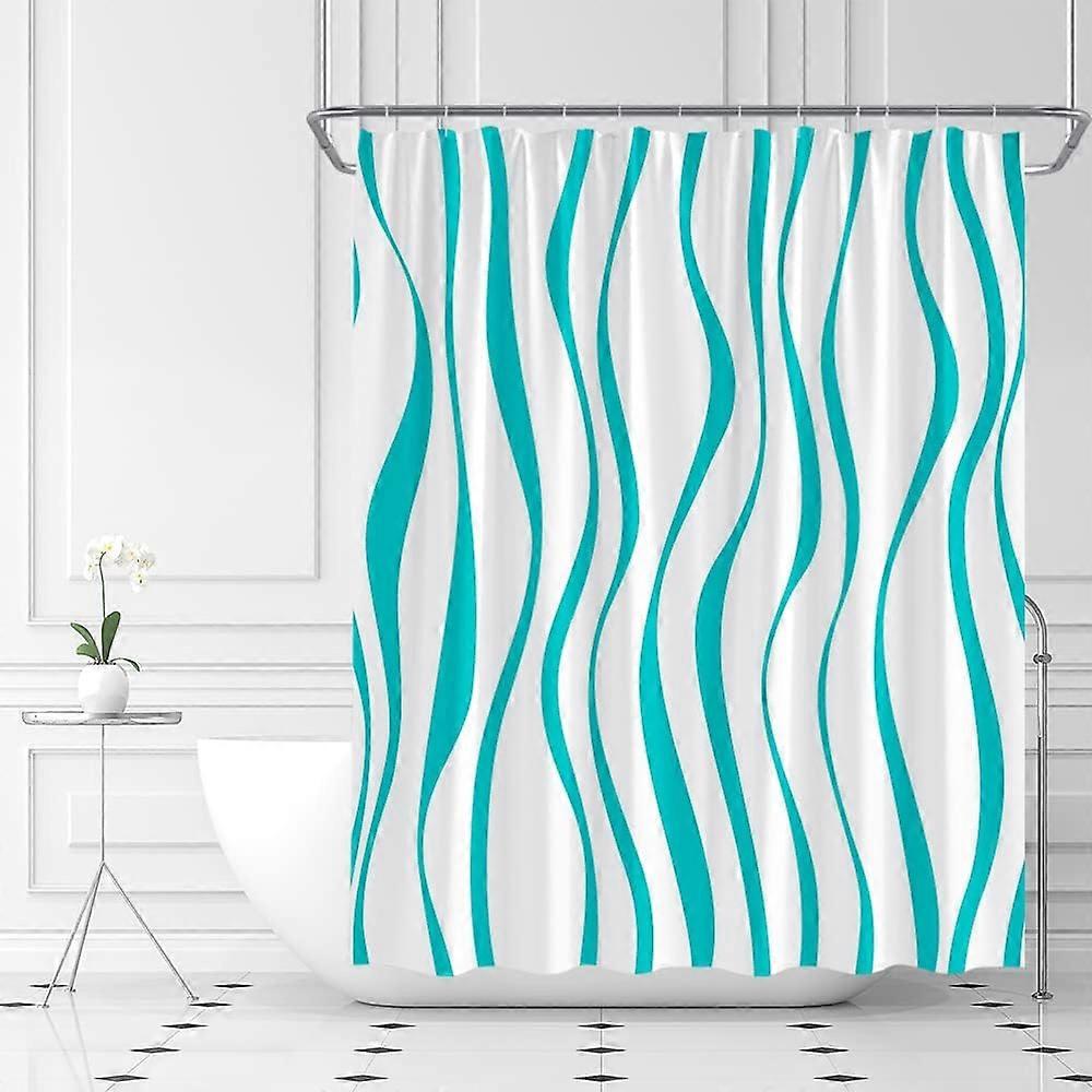 Cyan Shower Curtain Modern Stripe Simple Fashion Line Waves Curve Aesthetic Minimalist Fabric Bathroom Decor Set with Hooks(48" WX72 H)